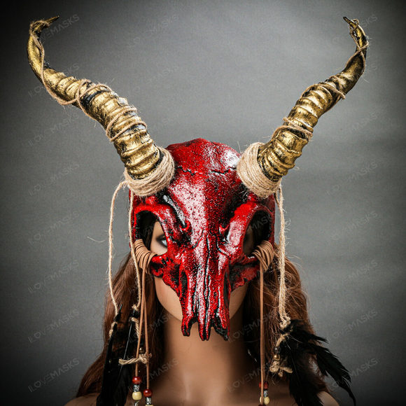 Antelope Devil Animal Skull with Gold Impala Horns Masquerade Mask - Bloody Red - Picture 2 of 10